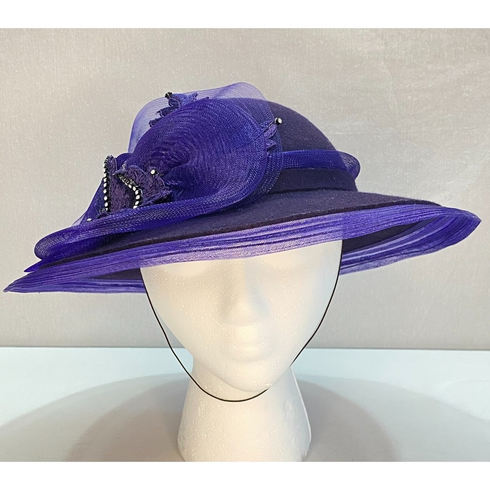 💎Bellini Womens Hat Purple 100% Wool Wide Brim Ribon Lace Rhinestone Band